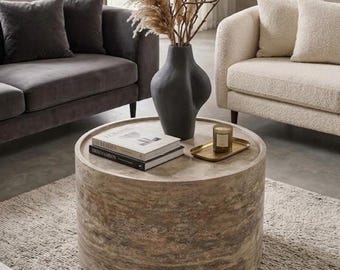 Handmade Travertine Round Coffee Table, Natural Beige Stone Living Room Furniture