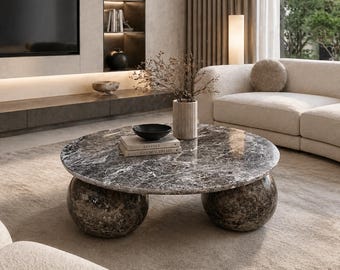 ReadyFor Shipment Dark Emperador Marble Coffee Table, Round Stone Center Table, Sculptural Ball Base