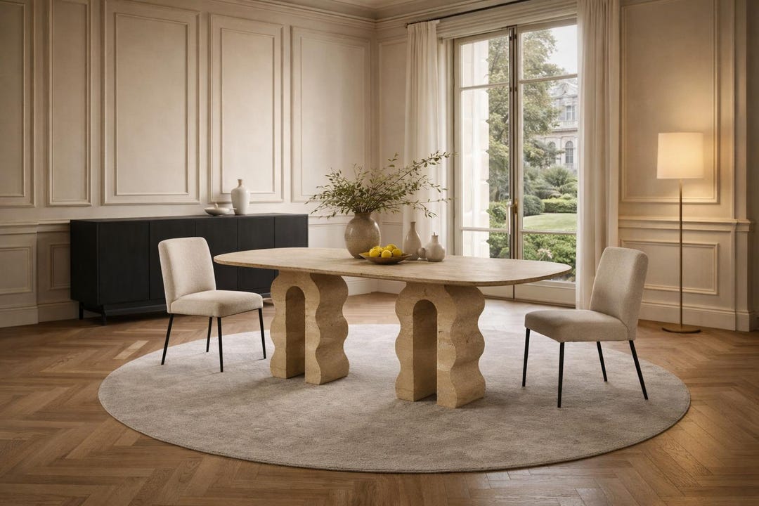 59" Travertine Dining Table Oval Sculptural Base, Handmade Natural ...