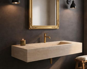 Travertine Wall Mounted Vanity Sink, Beige Stone Rectangular Farmhouse Powder Room Basin 49x18x6"