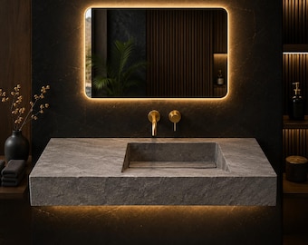 Silver Travertine Wall Mount Sink: Rustic Stone Vanity, Hidden Drain, Honed Finish
