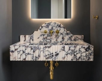 Calacatta Viola Marble Sink Wall Mount Sink with Backsplash, Luxury Powder Room Vanity Basin