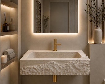 Handmade Travertine Vessel Sink, Rustic Beige Stone Bathroom Vanity, Matte Finish