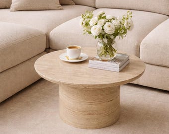 Travertine Coffee Table Round Plinth Top Sphere Base Stone Side Table Living Room Furniture