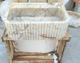 Calacatta Gold Marble Fluted Wall Mount Vanity Sink, Luxury Powder Room Rectangular Stone Washbasin