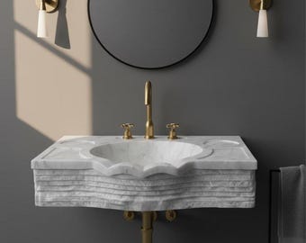 Luxury Carrara Marble Wall Mount Sink, Small Farmhouse Powder Room Vanity,  Stone Washbasin