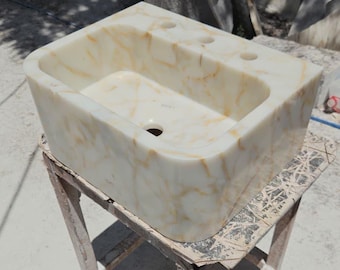 Calacatta Gold Marble Wall Mount Vanity Sink, Luxury Powder Room Rectangular Stone Basin