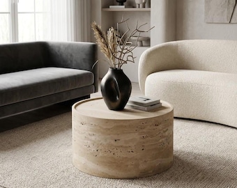 Travertine Round Coffee Table, Natural Stone Center Table, Minimalist Living Room Furniture
