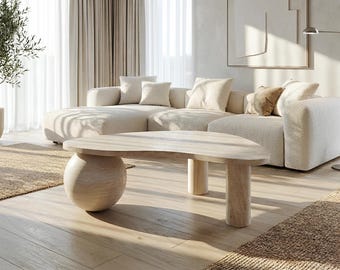 Sculptural Bean Travertine Coffee Table, Organic Modern Centerpiece