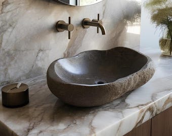 Dark Emperador Marble Vessel Sink Irregular Natural Stone Small Basin Farmhouse Rustic Bathroom
