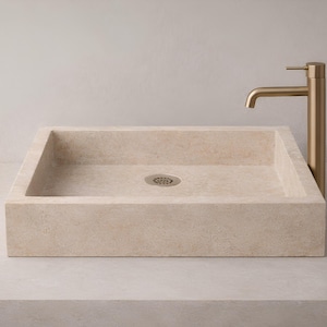 Travertin Wand Waschbecken, Bauernhaus Badezimmer Waschbecken, Beige Stein Rechteckige Gästewaschbecken