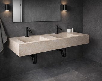 Handmade Travertine Double Sink, 47" Natural Stone Vanity Basin, Modern Beige Bathroom