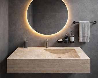Handmade Travertine Wall Mount Sink, Natural Beige Stone Vanity Basin