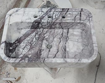 Calacatta Viola Marble Sink, Fluted Countertop Basin, Handmade Italian Natural Stone Bathroom Washbasin