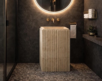 Fluted Travertine Pedestal Sink, Beige Natural Stone Washbasin, Elegant Powder Room Vanity Basin