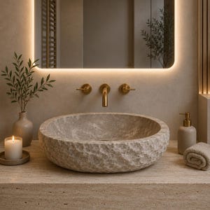 May include: A modern bathroom sink with a stone basin. The sink is set on a light-colored countertop with a gold faucet and fixtures. A lit candle, a vase with greenery, and a soap dispenser are also visible.