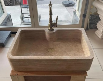 Travertine Marble Sink Farmhouse Bahtroom Vanity Sink, Natural Stone Rectangular Beige Basin