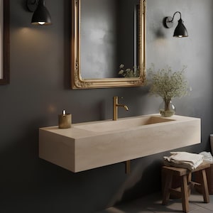Lavabo a parete in travertino fatto a mano, lavabo moderno in pietra beige per mobile bagno.