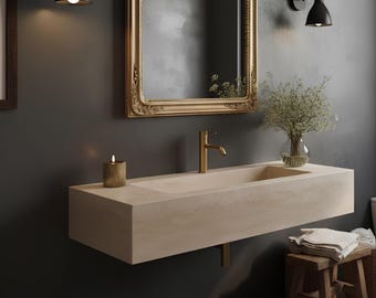 Handmade Travertine Wall Mount Sink, Modern Beige Stone Bathroom Vanity Basin