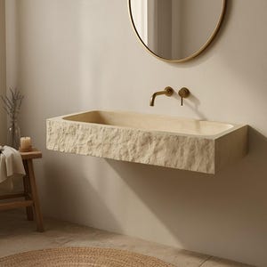 トラバーチン製壁掛けシンク、ファームハウス風彫刻石製洗面台、長方形天然石製洗面台