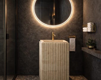 Fluted Travertine Pedestal Sink, Beige Natural Stone Washbasin, Elegant Powder Room Vanity Basin