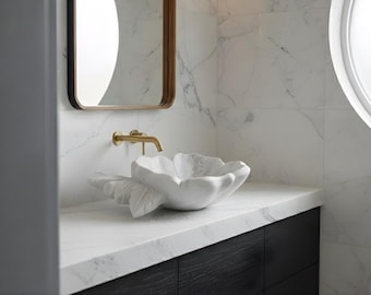 Lavabo de mármol de Carrara para tocador, lavabo pequeño con forma de flor, vetas grises.