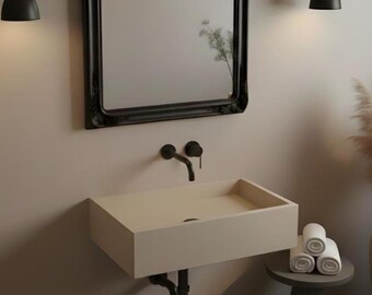 Travertine Wall Mount Sink, Powder Room Bathroom Vanity Basin, Beige Stone Rectangular Farmhouse Washbasin