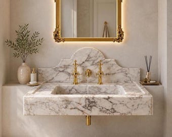 Calacatta Viola Marble Wall Mount Bathroom Vanity Sink with Backsplash Powder Room Small Basin
