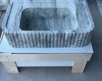 Calacatta Viola Marble Vessel Sink, Fluted Vanity Basin, Polished Stone Bathroom Sink