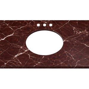 May include: A rectangular bathroom vanity countertop with a dark red marble pattern and a large oval sink cutout. The countertop has three pre-drilled holes for faucet installation.