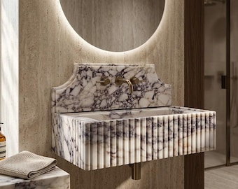 Calacatta Viola Marble Sink, Purple Veined Stone Vanity Basin, Fluted Design