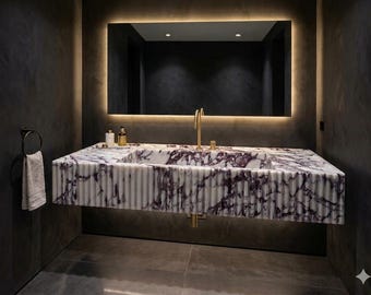 Calacatta Viola Marble Sink, Purple Veined Stone Vanity Basin, Fluted Design