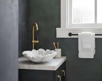 Lavabo de mármol de Carrara para baño, lavabo con vetas grises, piedra natural, flor, tocador