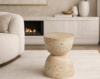 Travertine Sphere Base Coffee Table, Sculptural Natural Stone Accent Table