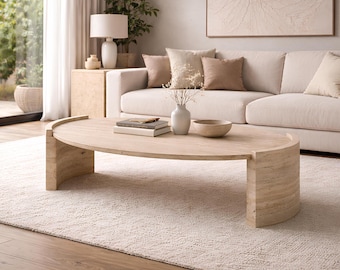39" Travertine Coffee Table, Handmade Natural Stone Center Table, Modern Luxury Living Room Furniture