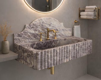 Ready to Shıp Fluted Calacatta Viola Marble Sink Wall Mount with Backsplash, Bathroom Basin