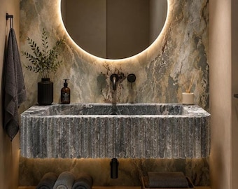 Hand Carved Marble Sink: Farmhouse Wall Mounted Vanity Bathroom Decor, Bathroom Basin