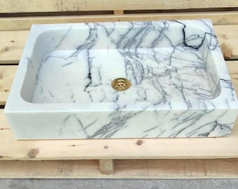 Lavabo pequeño de mármol lila, lavabo de lujo para tocador, tocador rectangular de estilo rústico.