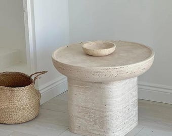 Travertine Round Coffee Table, Sculptural Sphere Base, Natural Beige Stone Living Room Table