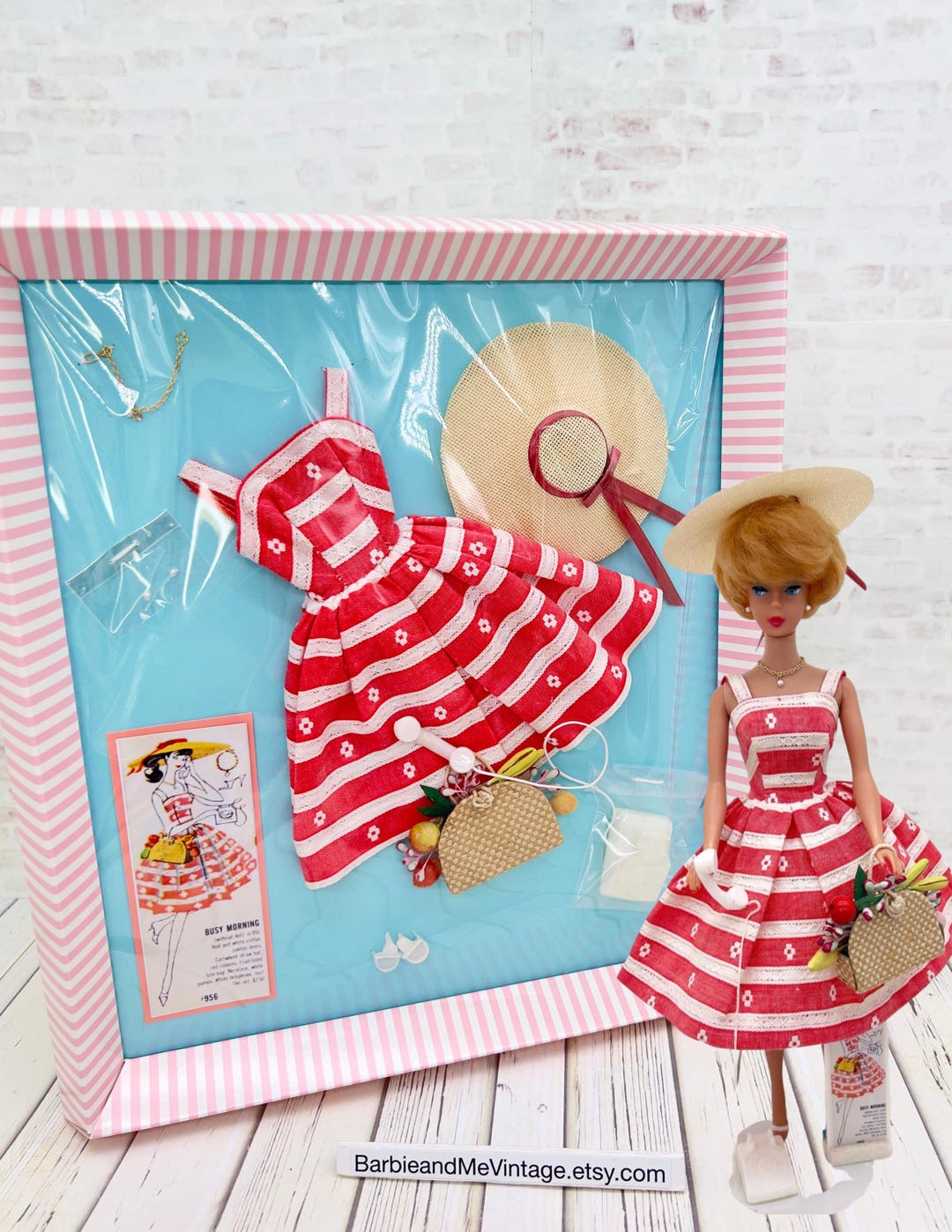 ヴィンテージBarbie Vintage Barbie #956 Busy Morning Set: Red Stripe Dress Hat Purse