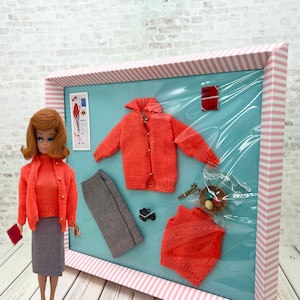 Vintage Barbie #976 “Sweater Girl”Complete  Grey Flannel Skirt Coral Cardigan  & top yarn Scissors Book shoes READ(Doll NOT included)Used