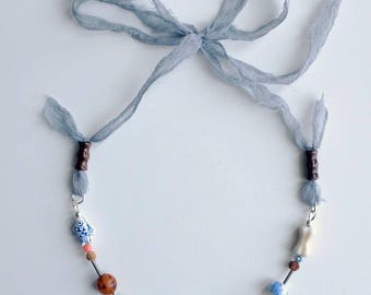 Funky Multicolor Beaded Necklace – Mixed Beads with Silk Ties