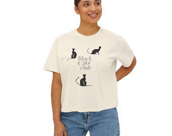 Black Cats Club Boxy Tee: Pigment-Dyed Cat Lover Shirt