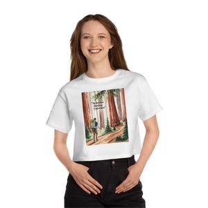 Adventure Awaits Cropped T-Shirt, Hiking Tee, Outdoor Lover Gift, Casual Wear, Nature Inspired Shirt, Women&#39;s Fashion, California, Redwooods