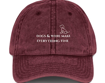 Cappellino vintage in twill di cotone: citazione "Cani e vino", regalo per gli amanti dei cani