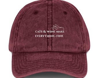 Cappello vintage con gatto e vino: cappello in twill di cotone rilassato