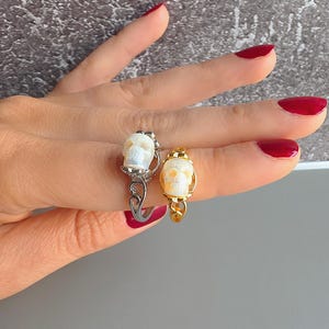 Natural Freshwater Pearl Skull Ring 18k Gold & 925 Silver Adjustable Carved - Gift for Best Friend Female, 21st Birthday Gift for Her