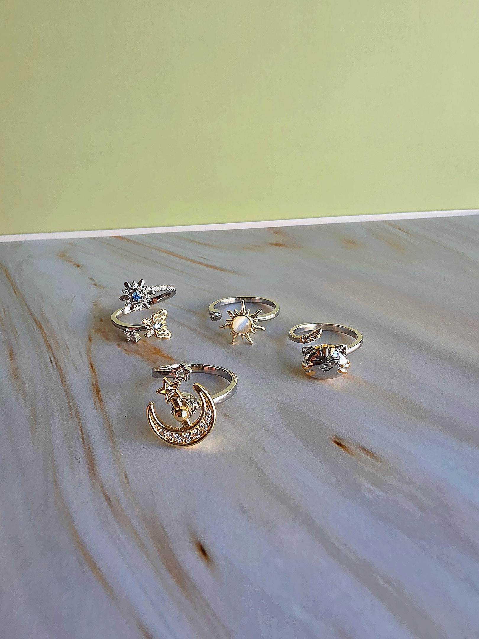 925 Silver Rotating Fidget Ring: Cat, Butterfly, Sun & Moon - Anxiety ...