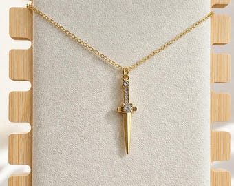 Dainty Sword Necklace 14k Gold Plated with Cz Punk Jewelry