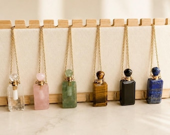 Vial Necklace 14K Gold Plated Perfume Bottle Necklace Obsidian Rose Quartz Aventurine Tiger Eye Lapis Lazuli Crystal Gift
